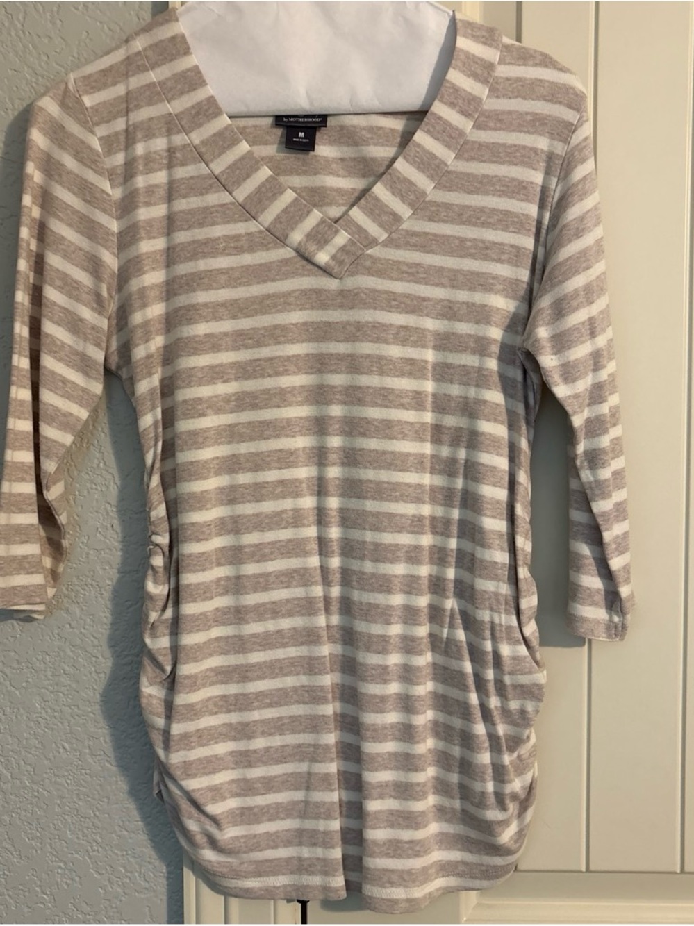 Motherhood Striped Taupe and White Ruched Side Top